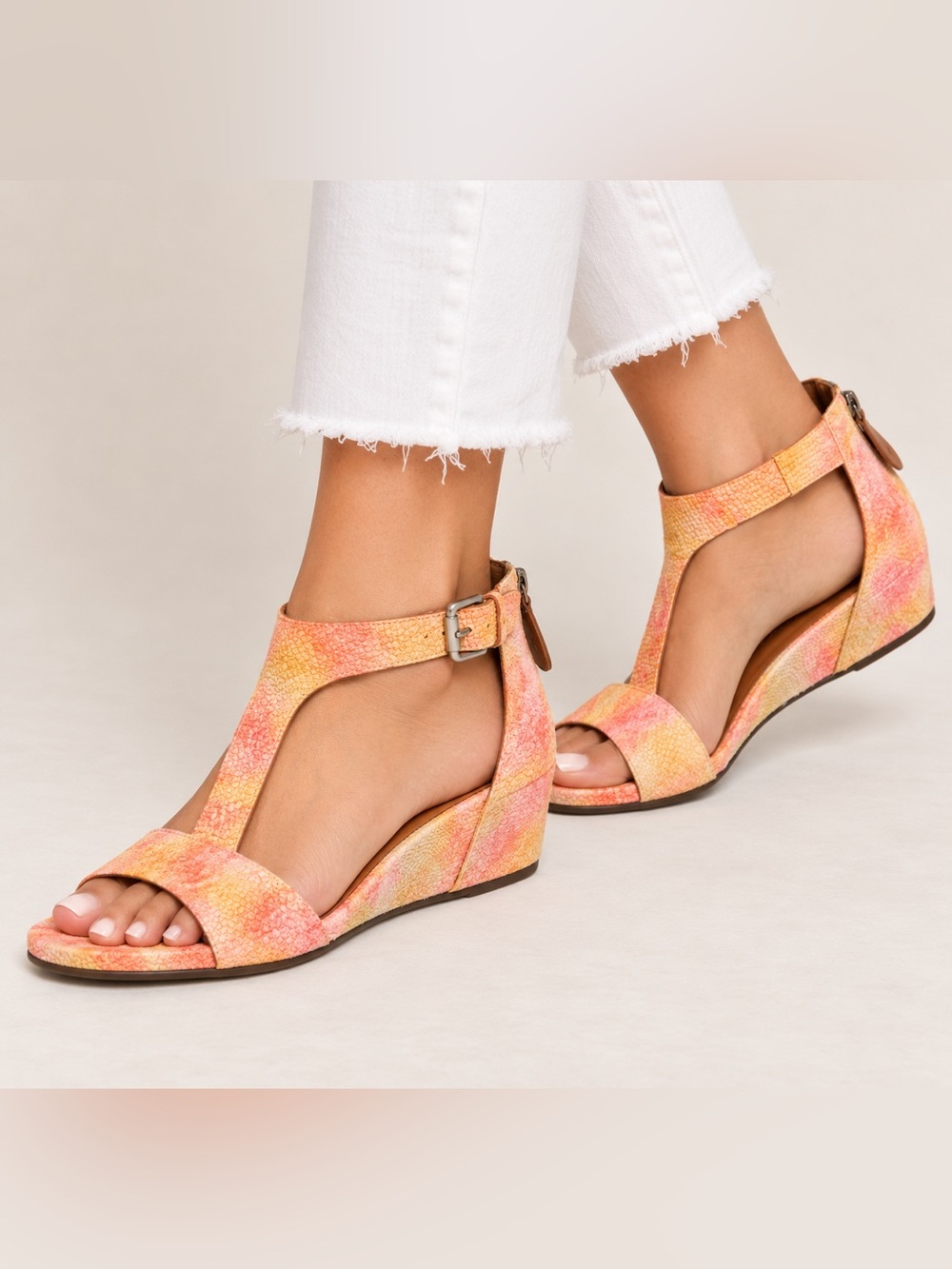 269. Gentle Souls by Kenneth Cole Gisele Peach Multi T-Strap Wedge Sandals